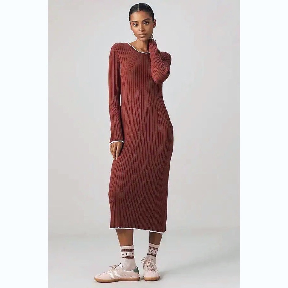 NWT Varley Xander Midi Dress Sz M Long Sleeve Ribbed Knit Maroon Wine $178